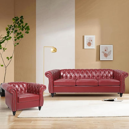 Home Sofa Living Room Furniture, 3 Seater Leather Upholstered Sofa Couch, Modern Comfy Couch with Faux Leather Cushions, Mid Century Tufted Chesterfield Sofas for Bedroom, Office, Apartment (Wine Red)
