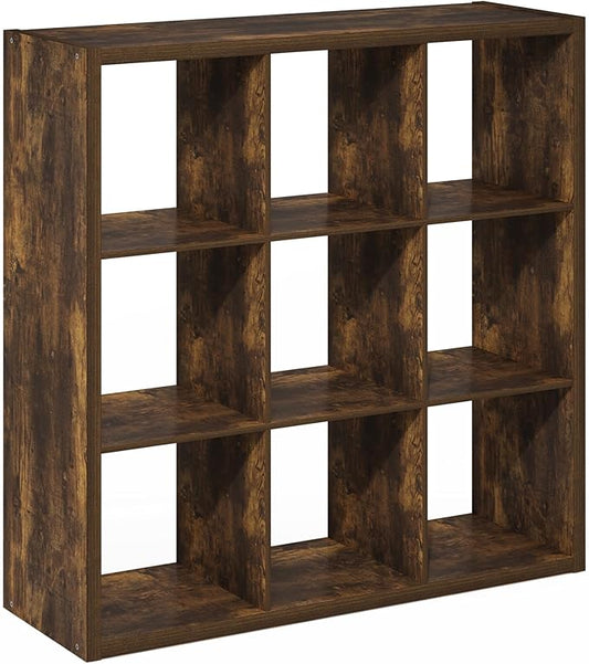 Furinno Cubicle Book Shelf, 9-Cube Thick Frame Bookshelf, Reversible Bookcase with Open Back, 14.6 x 43.8 x 43.8, for Living Room, Bedroom, Home Office, Amber Pine
