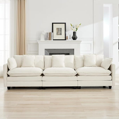 111'' Sectional Cloud Deep Seat Couch, Modern Comfy Chenille Modular Sectional Sofa for Living Room Set, Upholstered Modular 3-Seats Sofa Couch, Beige