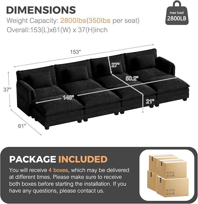 ELUCHANG Oversized 153" Modular Sectional Sofa, Comfy Deep Seat Cloud Couch, Sleeper Sofa Bed, 8 Seat Modern Couch with Removable Cover for Living Room, Apartment, DIY Combination, Chenille Black