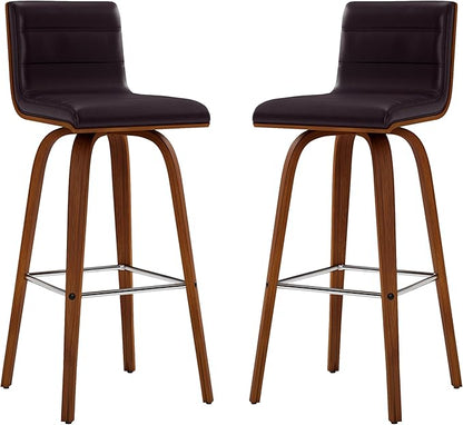 Vienna 30" Swivel Bar Stool in Walnut Wood Finish with Brown Faux Leather - Set of 4