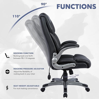 COLAMY Leather Executive Office Chair- High Back Home Computer Desk Chair with Padded Flip-up Arms, Adjustable Tilt Lock, Swivel Rolling Ergonomic Chair for Adult Working Study-Black, Set of 2