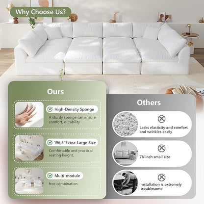 Boneless Cloud Couch Modular Sectional Sofa with Deep Seat for Living Room, L Shape Couch with Ottoman, Snowflake Cloth and 40D Memory Sponge，2 Throw Pillows (White, 6 Seater+2 Ottoman)