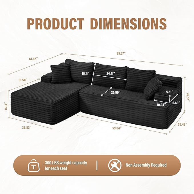 Hobestluk Modular Sectional Couch Sofa,96" Boneless Couches for Living Room, Memory Foam Sectional Couch with Oversized Chaise,L-Shape Couches (Black, Left Facing)
