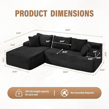 Hobestluk Modular Sectional Couch Sofa,96" Boneless Couches for Living Room, Memory Foam Sectional Couch with Oversized Chaise,L-Shape Couches (Black, Left Facing)