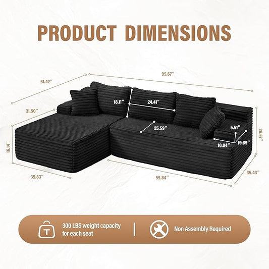 Hobestluk Modular Sectional Couch Sofa,96" Boneless Couches for Living Room, Memory Foam Sectional Couch with Oversized Chaise,L-Shape Couches (Black, Left Facing)