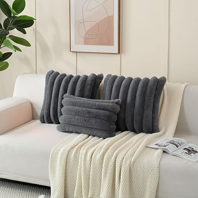 FUTEI Dark Grey Decorative Throw Pillow Covers 20x20 Inch Set of 2, Square Soft Faux Rabbit Fur Big Striped Cushion Cover,Home Decor for Couch Sofa Bed Living Room