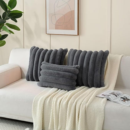 FUTEI Dark Grey Decorative Throw Pillow Covers 20x20 Inch Set of 2, Square Soft Faux Rabbit Fur Big Striped Cushion Cover,Home Decor for Couch Sofa Bed Living Room