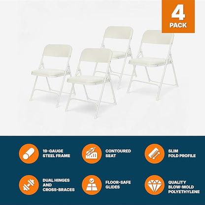 OEF Furnishings OEF800 Series Premium Heavy-Duty Plastic Folding Chairs, Lightweight, Durable Seating for Indoor and Outdoor Use, 500 lb Capacity (4-Pack, Ivory Plastic with White Frame)