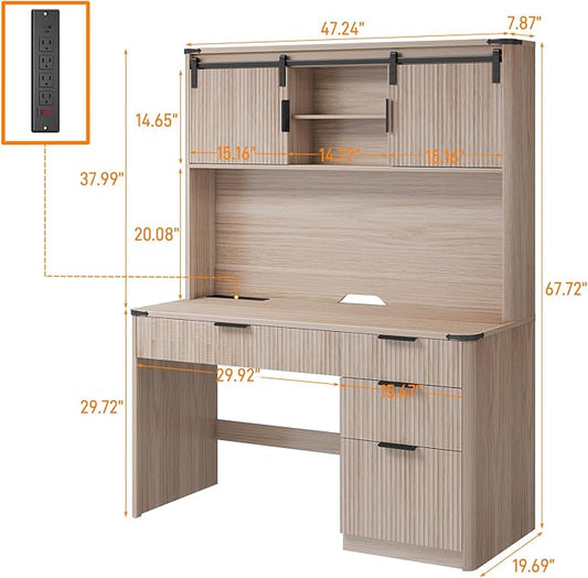 Farmhouse 67" H Executive Desk with Fluted Drawers,4 Drawers Fluted Computer Desk with LED Light,Charging Hub,Wood Workstation with Hutch and Sliding Barn Doors for Work and Study