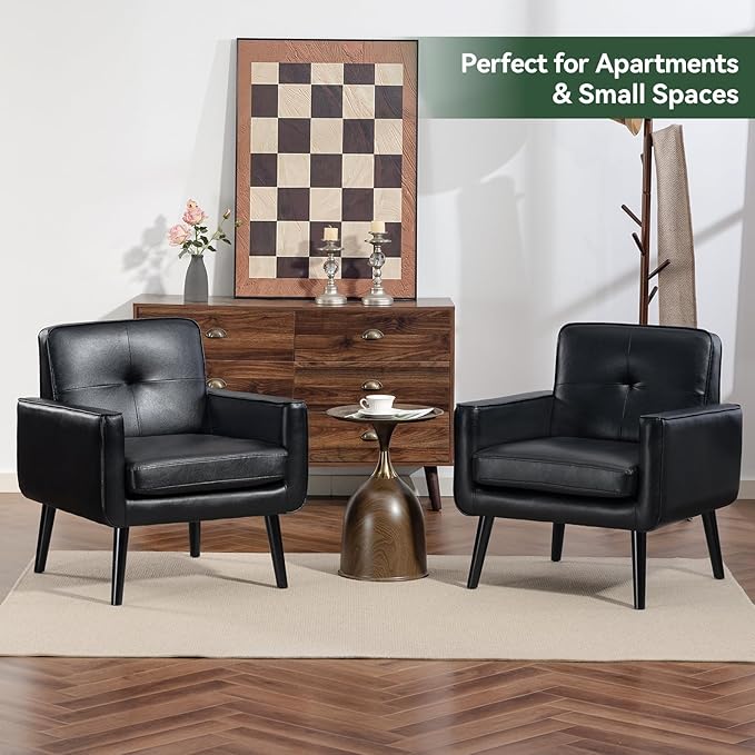 Accent Chair Set of 2, PU Leather Modern Chair with Wooden Frame, Cozy Armchair Reading Chair with Comfy Back for Apartment, Living Room, Bedroom, Waiting Room, Small Space, Corner, Black