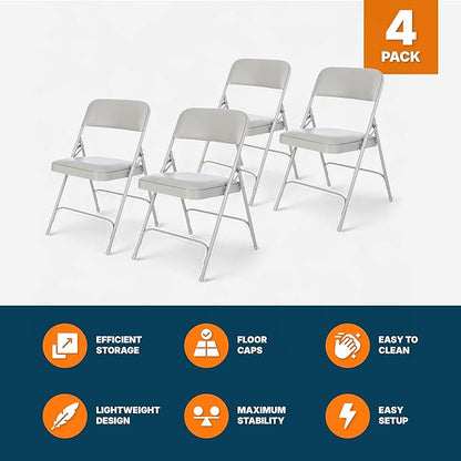 OEF Furnishings OEF1200 Series Premium Heavy Duty Vinyl Padded Folding Chairs, Commercial Grade 500 lb Capacity (4-Pack, Warm Gray)
