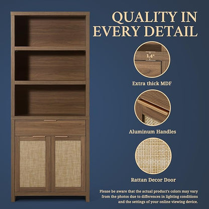 Hampstead Bookcase, Rattan Bookcase with Doors Cabinet and Drawer, 5-Tier Bookshelf, Large Wooden Book Case, Tall Bookshelves for Library Living Room (Special Walnut, 3 Pieces)