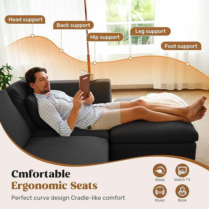 144" Cloud Sectional Couches for Living Room, Convertible U-Shape Couch with Ottoman, 6 Seater Modular Sectional Sofa,DarkGary Chenille
