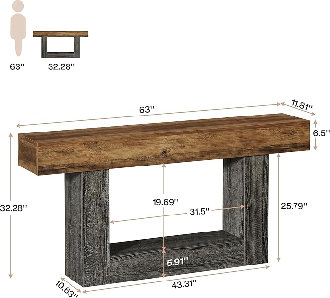 Tribesigns 63-Inch Long Console Table, 2-Tier Entryway Table Sofa Table with Storage, Farmhouse Wood Behind Couch Tables for Living Room, Hallway, Rustic Brown & Gray