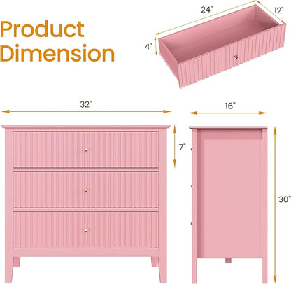 RoyalCraft Fluted 32 inch Wide Nightstand for Bedroom, Large Pink Nightstand with 3 Drawer, Modern End Table, Wood Beside Table for Home and Office