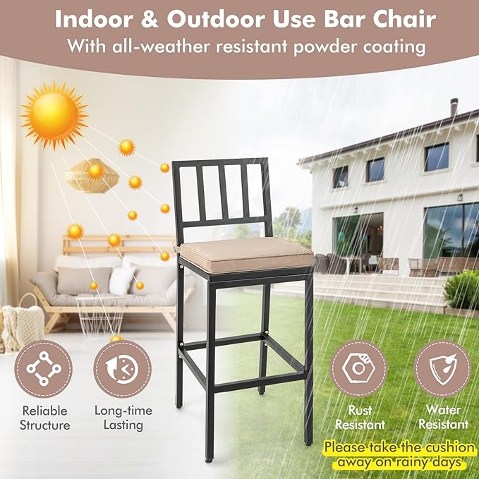 COSTWAY 2 PCS Patio Bar Chairs, Heavy-Duty Metal Frame Bar Stools Set of 2, Indoor Outdoor All-Weather Resistant Barstools with Detachable Cushion & Footrest, for Patio, Garden, Poolside