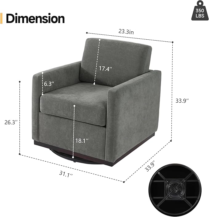 Pia Ricco Plush Swivel Barrel Chair Set of 2 - Mid-Century Modern Accent Armchairs in Soft Chenille for Living Room & Cozy Reading Nook, Dark Gray
