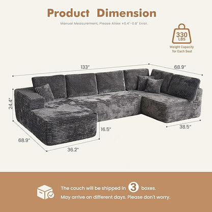 Oversized U Shaped Boneless Sectional Cloud Couch, 133.1'' Modular Sofa with Chaise, Deep Seat Plush Corduroy Couches for Living Room, No Assembly Required,Plush Corduroy,Gray