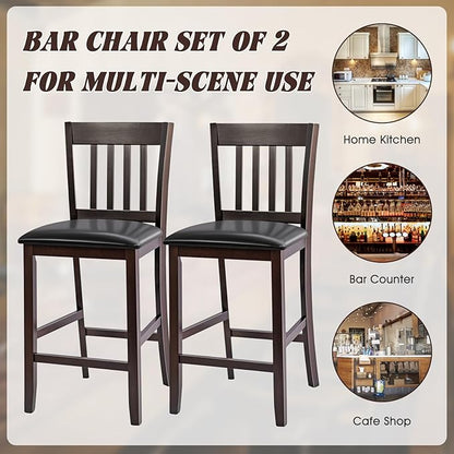 COSTWAY Counter Height Bar Stools Set of 2, 25'' Wooden Pub Chairs with PU Leather Seat, Mid Century Modern Upholstered Island Chairs for Kitchen, Living Room, Dining Room, Bar