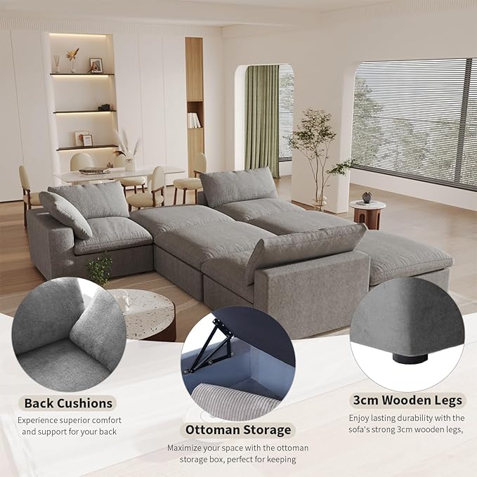 Cloud Modular Sectional Sofa,160" Down Filled Comfort Sofa Couch for Living Room,4 Seater Couches for Livingroon Apartment,Sofa Cover Washable and Replaceable,Grey
