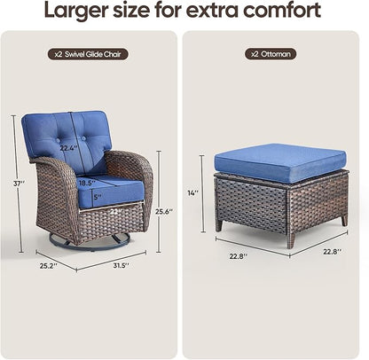 4-piece rotating balcony chair set with 31-inch T-shaped wide backrest - rattan outdoor rotating balcony chairs, wide backrest comfortable outdoor sliding chair - Brown Rattan | Blue Cushions