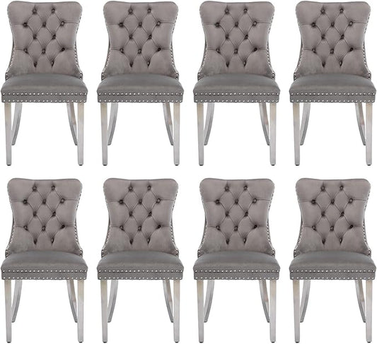 Velvet Upholstered Dining Chairs Set of 8, Modern Style Kitchen Side Chairs with Nailhead Trim and Silver Plated Leg, Metal Pulling Ring for Dining Room Living Room(Grey)