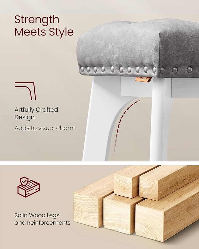 VASAGLE Bar Stools Set of 2, Saddle Counter Height Bar Stools, 26-Inch Backless Kitchen Stools with Wood Legs, PU Leather Thickened Upholstered Barstools for Kitchen Island Dining Room, Dove Gray