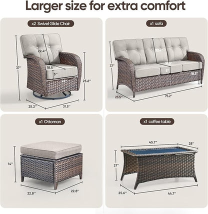 6-Piece Rotating Balcony Chair Set with 31-inch T-Shaped Wide backrest - Rattan Outdoor Rotating Balcony Chairs, Wide backrest Comfortable Outdoor Sliding Chair - Brown | Beige