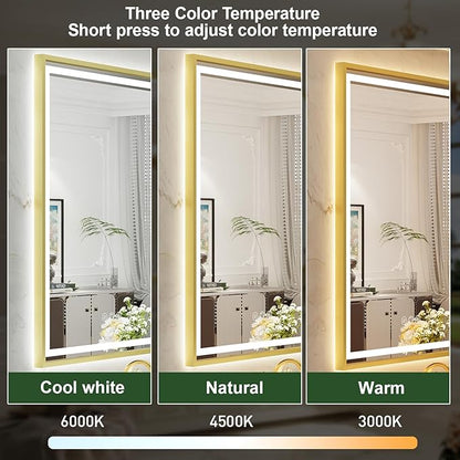 LED Bathroom Mirror, 40x30 Inch Frontlit & Backlit Gold Framed Lighted Mirror,Wall Mouted Vanity Mirror with Lights,Double Lights Strips,Anti Fog Stepless 3 Colors Temperature & Dimmable