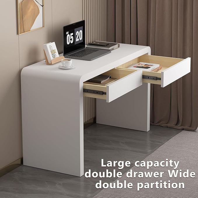 Executive Desk with Drawers, White Computer Desk with Drawers with Three-Layer Lacquered Thick Wooden Board, 47 inch Modern Home Office Desk for Study, Living Room, Bedroom