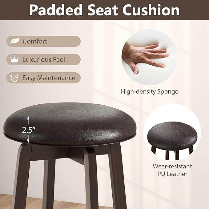 COSTWAY 29-Inch Swivel Bar Stools Set of 4, Upholstered Barstools w/PU Leather Seat & Solid Rubber Wood Legs, Mid-Century Backless Round Bar Height Stools w/Footrest for Kitchen Home Bar