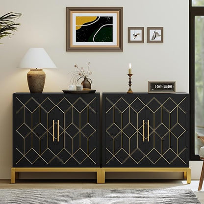 HLR Accent Cabinet with Gold Trim,Storage Cabinet with 2 Doors,Modern Wooden Sideboard for Living Room, Kitchen, Office and Hallway,Black