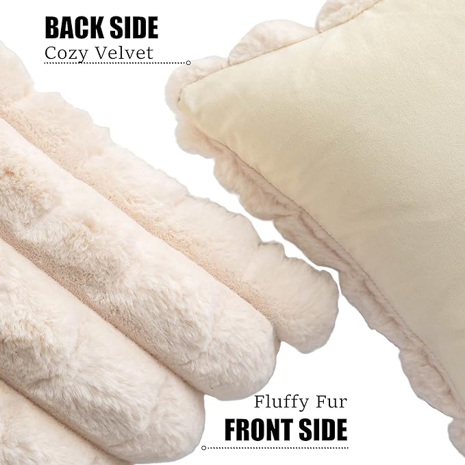 Neelvin Beige Faux Fur Cozy Soft Plaid Decorative Throw Pillow Covers 20x20 inch Set of 2,Velvet Pillowcase Cushion Case for Sofa Couch