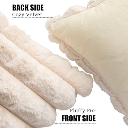 Neelvin Beige Faux Fur Cozy Soft Plaid Decorative Throw Pillow Covers 20x20 inch Set of 2,Velvet Pillowcase Cushion Case for Sofa Couch
