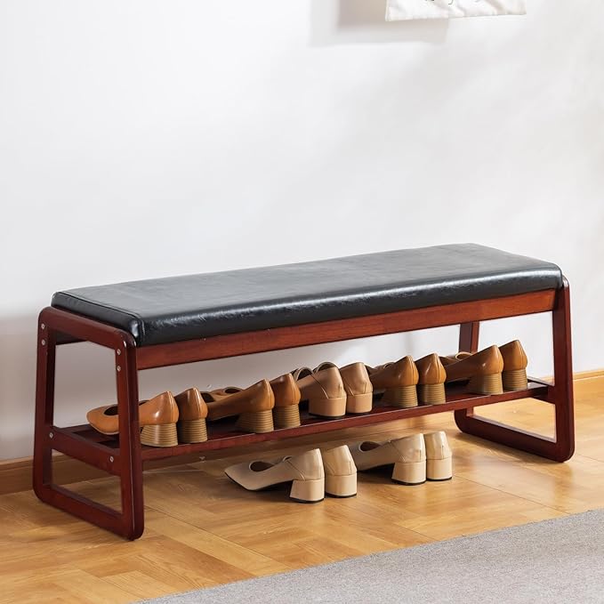 latifolia Solid Wood Bench, Entryway Shoe Bench with Cushion, 2 Tier Shoe Storage Organizer for Hallway, Living Room(Black,39.70''L)