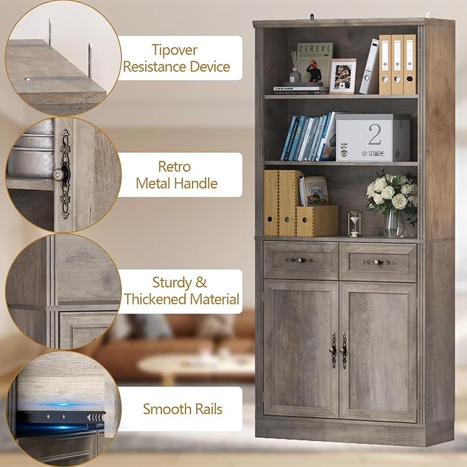 72'' Tall Bookcase with Doors and Drawers, Adjustable Shelves, P2 MDF Construction, 32'' Wide Freestanding Cabinet with Metal Handles, Hidden Storage for Living Room, Bedroom, Grey