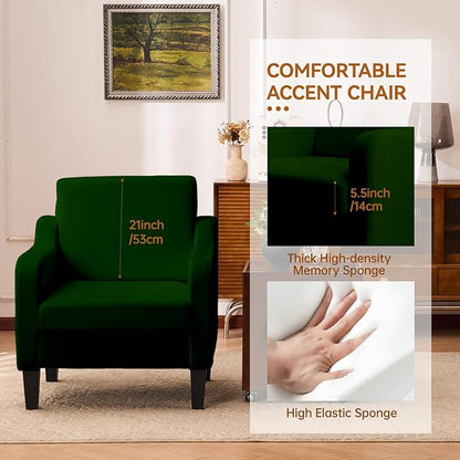 Accent Chair for Living Room, Modern Velvet Living Room Chairs with Wide Backrest, Upholstered Comfy Chair with Cushion, Oversized Sofa Chair with Wood Legs, Single Armchair, Green