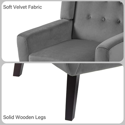 Accent Chair, Mid-Century Modern Velvet Fabric Chairs with Arms for Living Room, Comfy Upholstered Club Single Sofa Armchair for Bedroom Waiting Room with Solid Wood Frame (Velvet Grey, Set of 2)