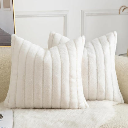 Pack of 2 Faux Fur Throw Pillow Covers 24x24 Inch Striped Decorative Soft Plush Couch Pillow Case Home Decor for Bed, Sofa, Living Room Cream White