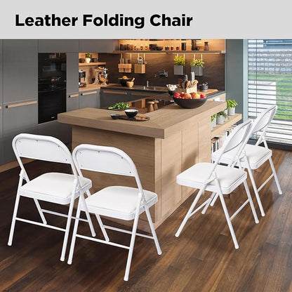 8 Pack Folding Chairs with Padded Seats, Padded Folding Chair with Steel Frame for Events Home Office, Pu Leather Folding Chair White
