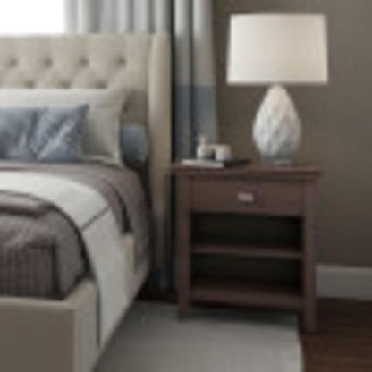 SIMPLIHOME Artisan Bedside Table - 24 inch Wide Solid Wood Nightstand Table in Warm Walnut Brown, Contemporary Bedroom Side or End Table with 1 Drawer, Open Shelf Storage and Bronze Knobs
