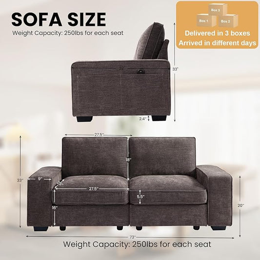TEKAMON 73" Modular Sofa Couch with Seat Storage, Comfy 2-Seater Chenille Fabric Loveseat Sofa for Living Room, Office, RV, Apartment W/Deep Seat, Wide Arms, USB, Side Pockets, Washable Cover(DkGrey)