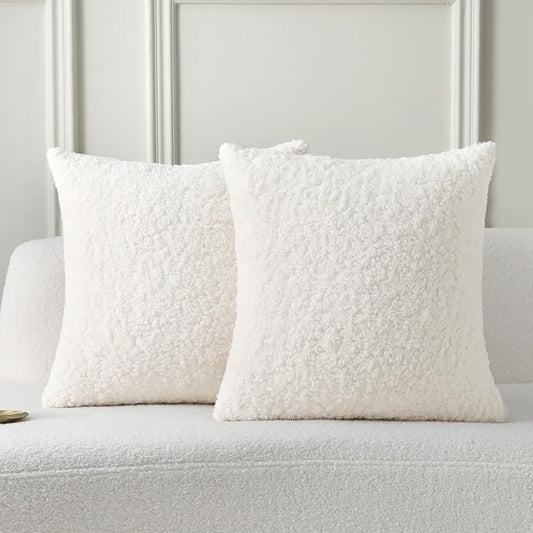 FUTEI Cream White Throw Pillow Covers 22x22 Inch Set of 2,Furry Faux Fur Teddy Boucle Textured Cushion Covers,Soft Fluffy Decorative Pillow Case,Home Decor for Couch Bed Living Room Office Car