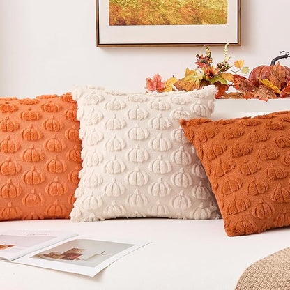 Kevin Textile Fall Pumpkins Pillow Covers 18x18 Inch Set of 2 Cute Autumn Decorative Square Pillowcases Soft Faux Fur Cushions Harvest Gift for Couch Sofa Chair Bedroom Home Decor, Rust