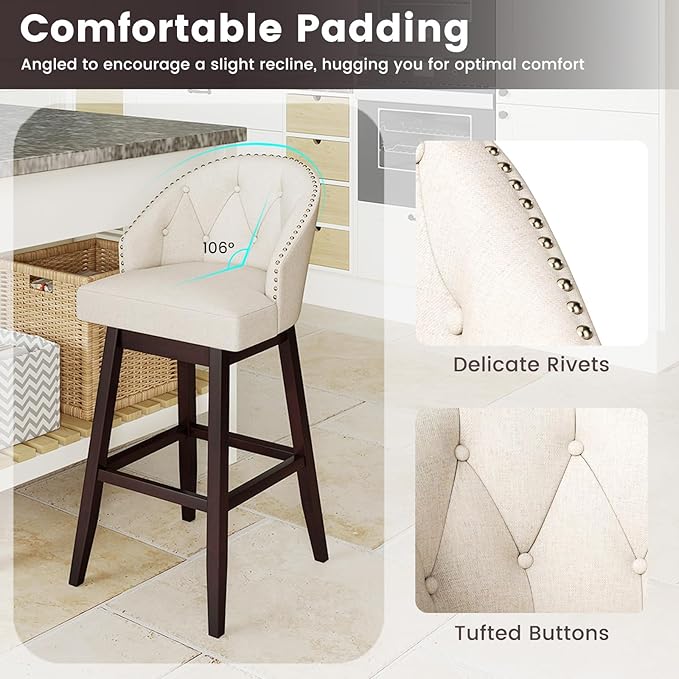 COSTWAY Bar Stools Set of 2, 31’’ Swivel Bar Stools with Rubber Wood Legs & Padded Back, Breathable Linen Fabric, Stylish Tufted Design & Rivet Decoration, Adjustable Foot Pads (2, Beige + Brown)