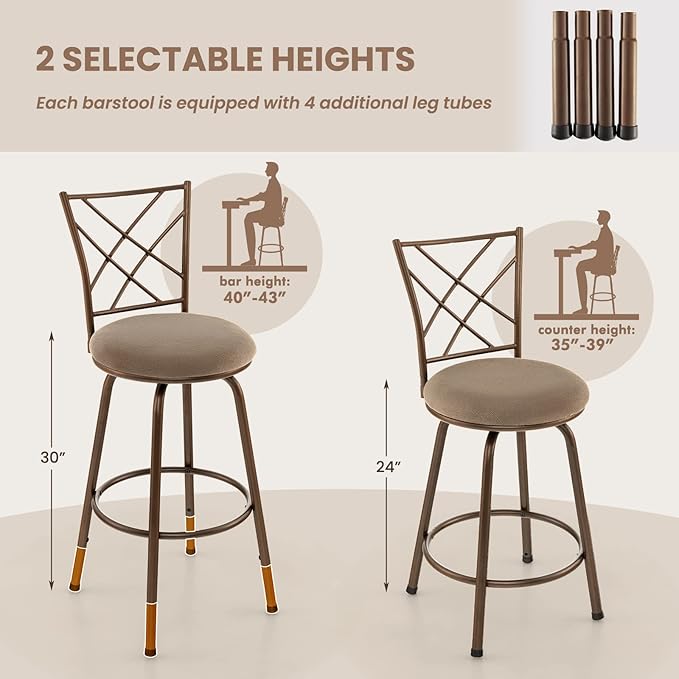 COSTWAY Bar Stools for Kitchen Island, 24/30 Inch Adjustable Seat Height Swivel Barstools, Plush Fabric Cushioned Seat & Cozy Backrest, Extra Leg Tubes for Height Adjustment, for Kitchen, Bar (4)