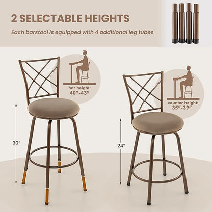 COSTWAY Bar Stools for Kitchen Island, 24/30 Inch Adjustable Seat Height Swivel Barstools, Plush Fabric Cushioned Seat & Cozy Backrest, Extra Leg Tubes for Height Adjustment, for Kitchen, Bar (4)