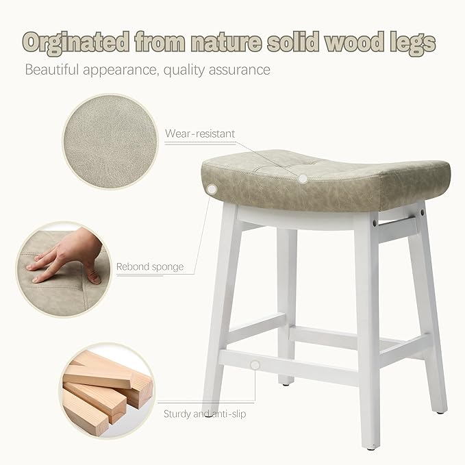 Counter Height Bar Stools Set of 2 for Kitchen Counter Farmhouse Modern Barstools with Faux Leather Upholstered Backless Seat and Solid Wood Legs 24 inch Bar Chairs, Light Grey + White