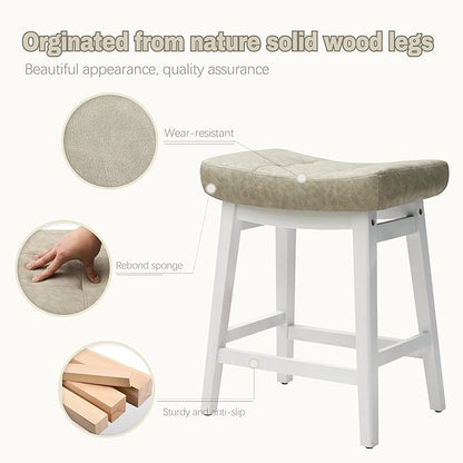 Counter Height Bar Stools Set of 6 for Kitchen Counter Farmhouse Modern Barstools with Faux Leather Upholstered Backless Seat and Solid Wood Legs 24 inch Bar Chairs, Light Grey + White